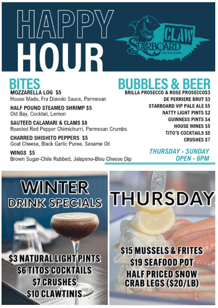 Starboard Claw Dewey Beach Restaurant Specials 2024 happy hour and drink specials seafood and cockktails
