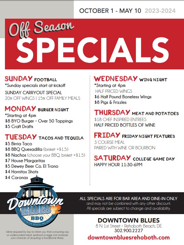 downtown blues offseason specials in rehoboth beach delaware